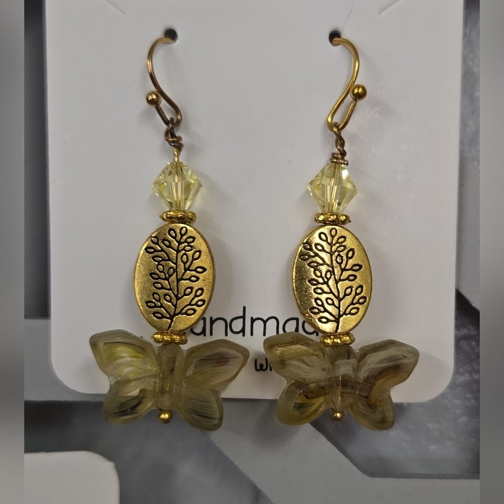 Handmade Czech Glass Butterflies w/Gold Branch/Leaf Ovals & Swarovski Crystals